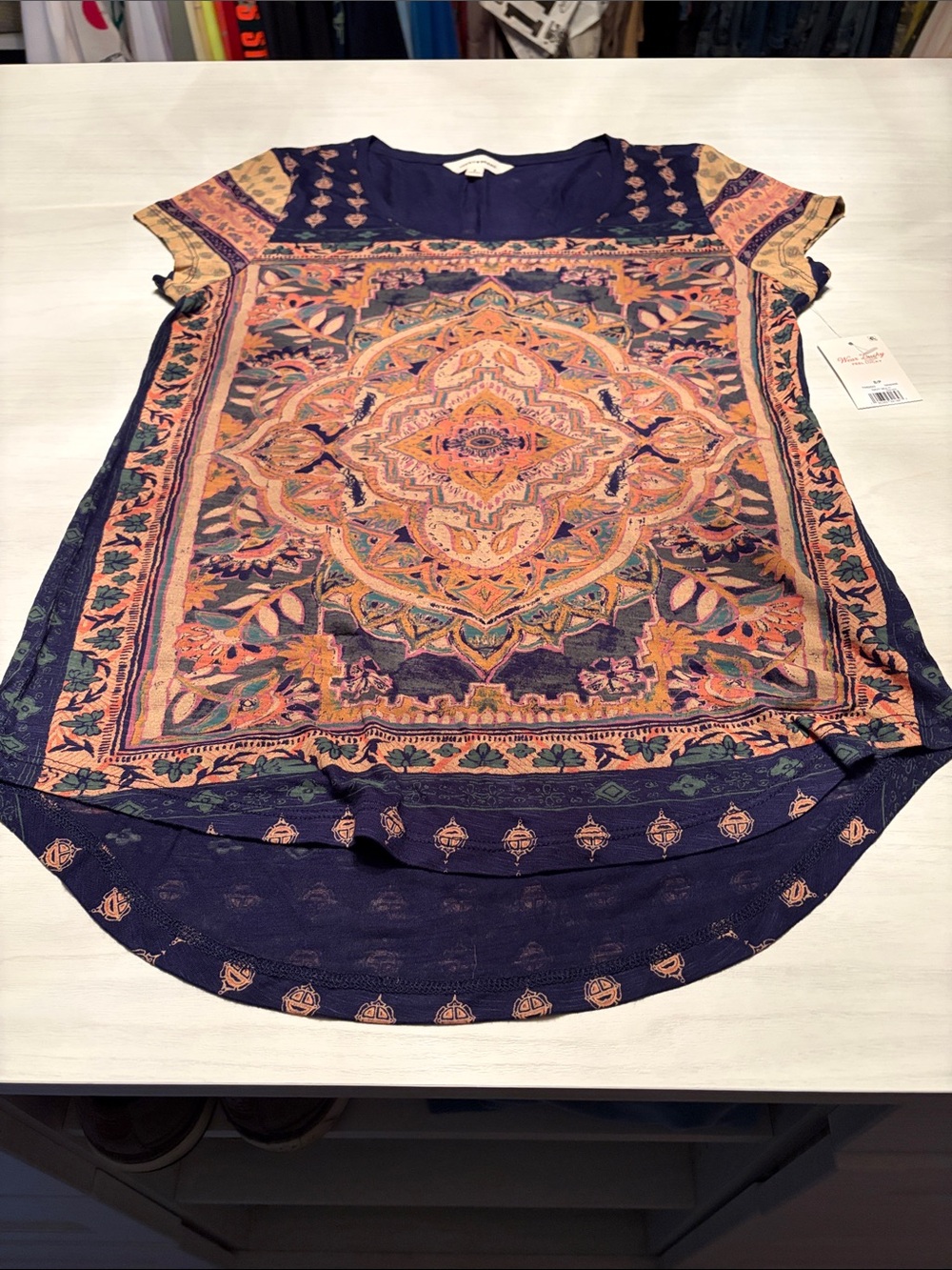 Lucky Brand Navy Tunic with Peach Medallion Print